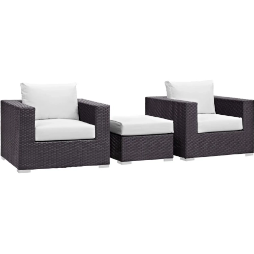 Convene 3 Piece Outdoor Patio Armchair Set in Espresso w/ White Cushions