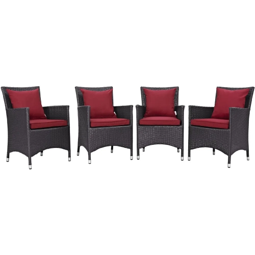 Convene 4 Outdoor Patio Dining Armchair Set in Espresso w/ Red Cushions