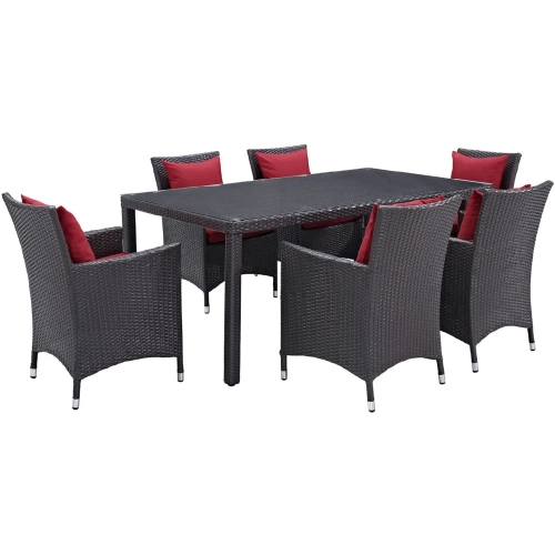 Convene 7 Piece Outdoor Patio Dining Set in Espresso w/ Red Cushions