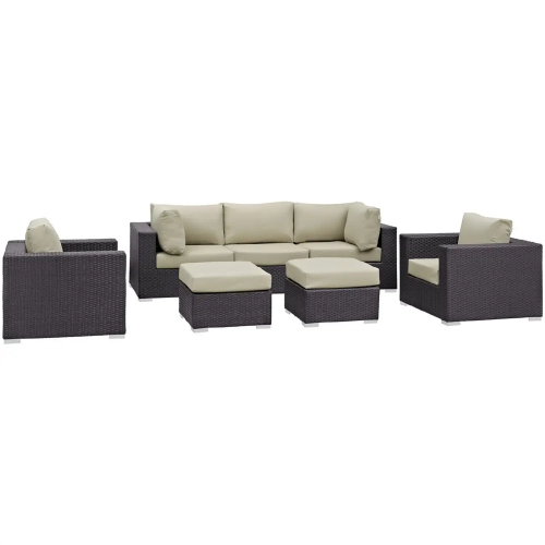 Convene 7 Piece Outdoor Patio Sectional Set in Espresso w/ Beige Cushions