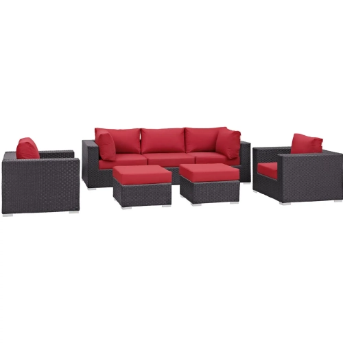 Convene 7 Piece Outdoor Patio Sectional Set in Espresso w/ Red Cushions