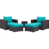 Convene 5 Piece Outdoor Patio Sectional Set in Espresso w/ Turquoise Cushions