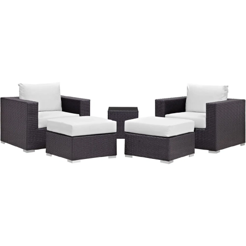 Convene 5 Piece Outdoor Patio Sectional Set in Espresso w/ White Cushions