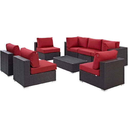 Convene 8 Piece Outdoor Patio Sectional Set in Espresso w/ Red Cushions