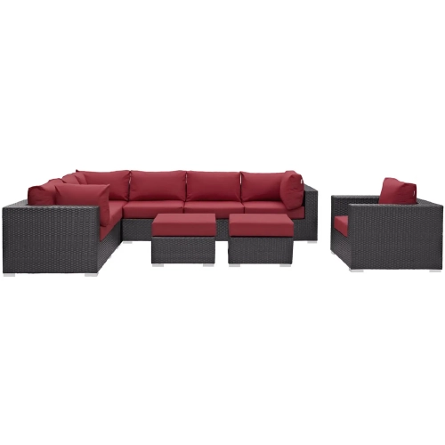 Convene 9 Piece Outdoor Patio Sectional Set in Espresso w/ Red Cushions