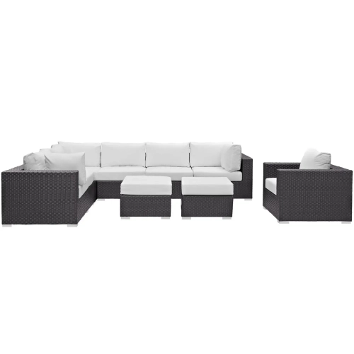 Convene 9 Piece Outdoor Patio Sectional Set in Espresso w/ White Cushions