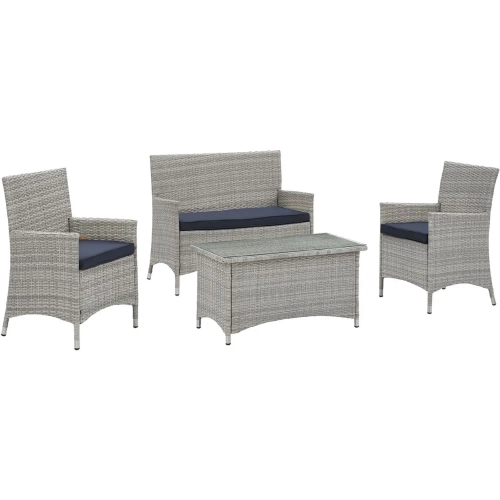 Bridge Outdoor Patio Loveseat & Arm Chair Set in Light Gray w/ Navy Cushions