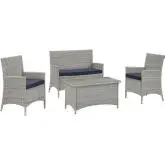 Bridge Outdoor Patio Loveseat & Arm Chair Set in Light Gray w/ Navy Cushions