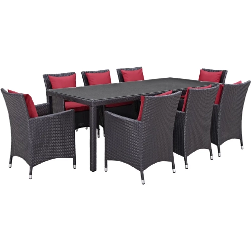 Convene 9 Piece Outdoor Patio Dining Set in Espresso w/ Red Cushions