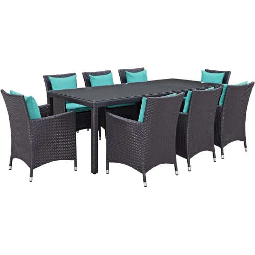 Convene 9 Piece Outdoor Patio Dining Set in Espresso w/ Turquoise Cushions