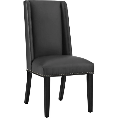 Baron Dining Chair in Black Vegan Leather w/ Nailhead Trim & Wood Legs