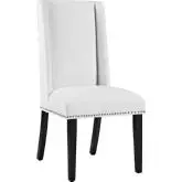 Baron Dining Chair in White Vegan Leather w/ Nailhead Trim on Wood Legs