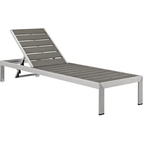 Shore Outdoor Patio Aluminum Chaise in Brushed Silver with Gray Slats