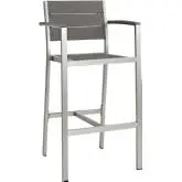 Shore Outdoor Patio Aluminum Arm Bar Stool in Brushed Silver w/ Gray Slats