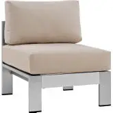 Shore Armless Outdoor Patio Aluminum Chair in Silver with Beige Fabric Cushions