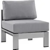 Shore Armless Outdoor Patio Aluminum Chair in Silver with Gray Fabric Cushions