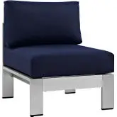 Shore Armless Outdoor Patio Aluminum Chair in Silver with Navy Fabric Cushions