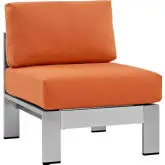 Shore Armless Outdoor Patio Aluminum Chair in Silver with Orange Fabric Cushions