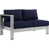 Shore Left-Arm Corner Sectional Outdoor Patio Aluminum Loveseat in Silver with Navy Cushions