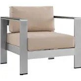 Shore Outdoor Patio Aluminum Armchair in Silver with Beige Cushions