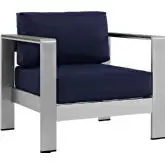 Shore Outdoor Patio Aluminum Armchair in Silver w/ Navy Cushions