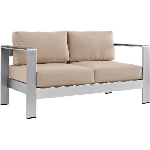 Shore Outdoor Patio Aluminum Loveseat in Silver w/ Beige Cushions