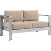 Shore Outdoor Patio Aluminum Loveseat in Silver with Beige Cushions