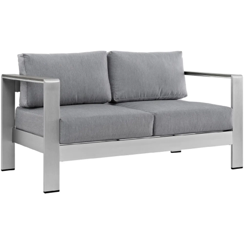 Shore Outdoor Patio Aluminum Loveseat in Silver w/ Gray Cushions