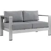 Shore Outdoor Patio Aluminum Loveseat in Silver with Gray Cushions