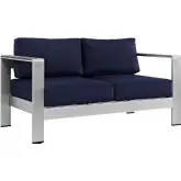 Shore Outdoor Patio Aluminum Loveseat in Silver with Navy Cushions