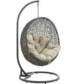 Hide Outdoor Patio Swing Chair in Gray Steel & Poly Rattan with Beige Fabric Cushion