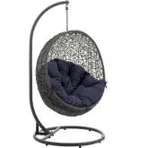 Hide Outdoor Patio Swing Chair in Gray Steel & Poly Rattan with Navy Fabric Cushion