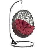 Hide Outdoor Patio Swing Chair in Gray Steel & Poly Rattan with Red Fabric Cushion