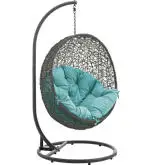 Hide Outdoor Patio Swing Chair in Gray Steel & Poly Rattan with Turquoise Fabric Cushion