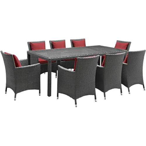 Sojourn 9 Piece Outdoor Sunbrella&reg; Dining Set in Chocolate Poly Rattan & Red