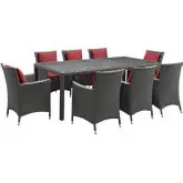 Sojourn 9 Piece Outdoor Sunbrella&reg; Dining Set in Chocolate Poly Rattan & Red