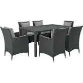 Sojourn 7 Piece Outdoor Sunbrella&reg; Dining Set in Chocolate Poly Rattan & Grey