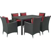 Sojourn 7 Piece Outdoor Sunbrella&reg; Dining Set in Chocolate Poly Rattan & Red