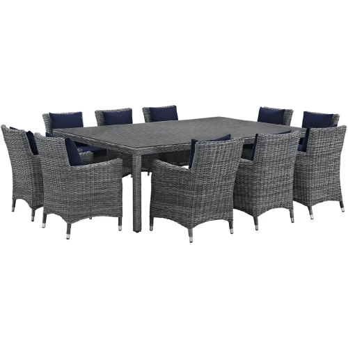 Summon 11 Piece Outdoor Patio Sunbrella &reg; Dining Set in Canvas w/ Navy Cushions