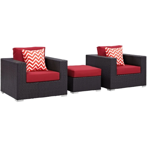 Convene 3 Piece Outdoor Patio Arm Chair Set in Espresso & Red