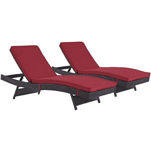 Convene Outdoor Patio Chaise in Espresso Poly Rattan w/ Red Cushions (Set of 2)