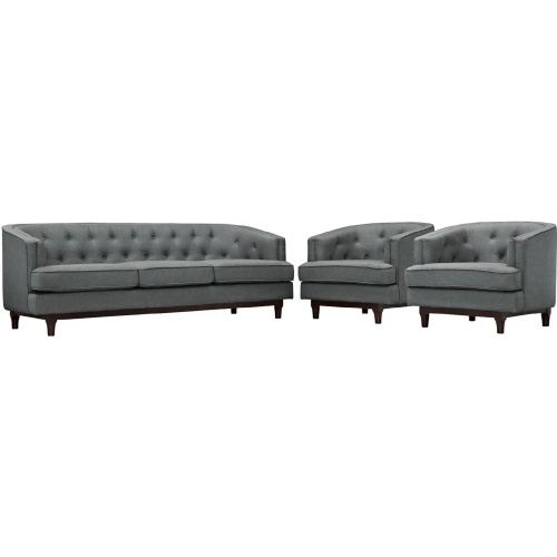 Coast Sofa & 2 Arm Chair Set in Tufted Gray Fabric on Walnut Stained Legs