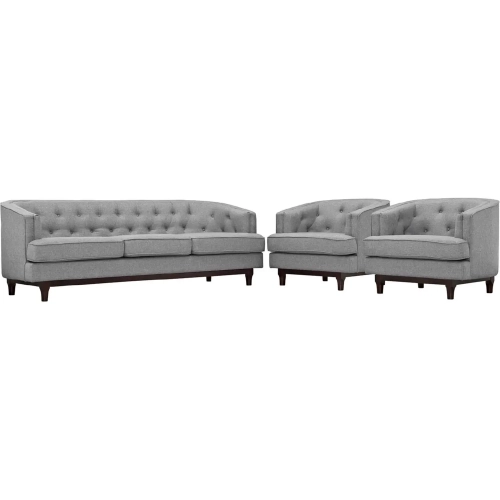 Coast Sofa & 2 Arm Chair Set in Tufted Light Gray Fabric on Walnut Stained Legs