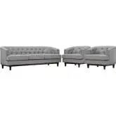 Coast Sofa & 2 Arm Chair Set in Tufted Light Gray Fabric on Walnut Stained Legs