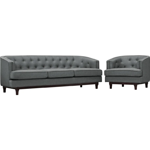 Coast Sofa & Arm Chair Set in Tufted Gray Fabric on Walnut Stained Legs