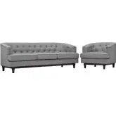 Coast Sofa & Arm Chair Set in Tufted Light Gray Fabric on Walnut Stained Legs