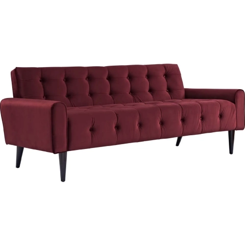 Delve Sofa in Maroon Button Tufted Velvet on Wood Legs