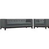 Serve Sofa & Arm Chair Set in Center Tufted Gray Fabric on Walnut Stained Legs