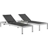 Shore Outdoor Patio 2 Chaise & Table Set in Brushed Aluminum & Black Mesh