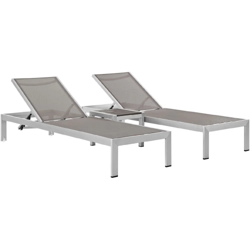 Shore Outdoor Patio 2 Chaise & Table Set in Brushed Aluminum & Gray Mesh